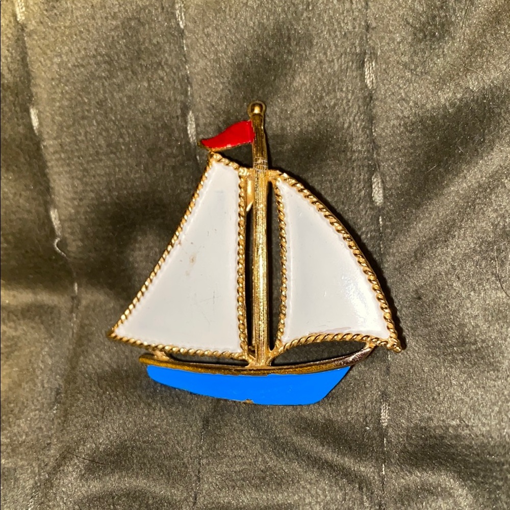 Enameled Sailboat Pin Red, White, Blue Accents Gold Tone